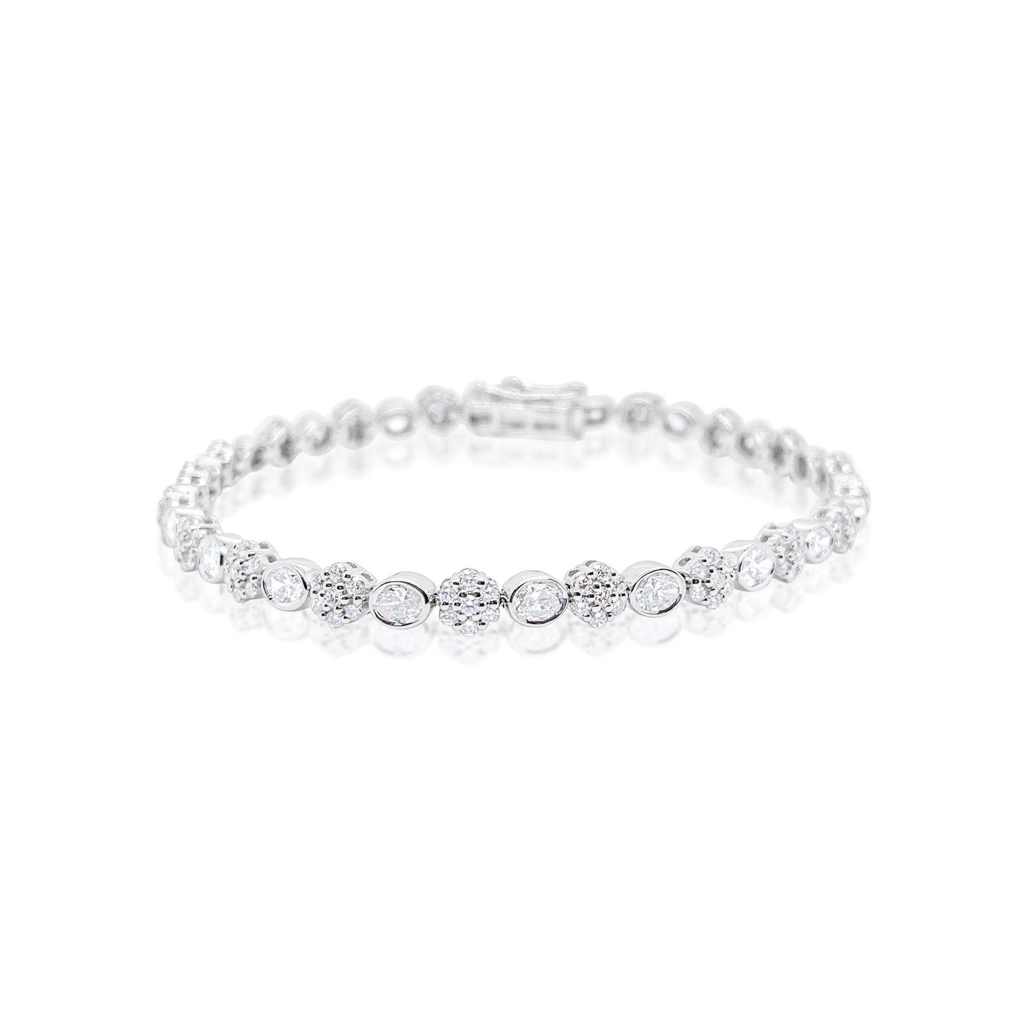 Oval and Diamond Cluster Lab Grown Tennis Bracelet 4.22 Carat 14kt White Gold