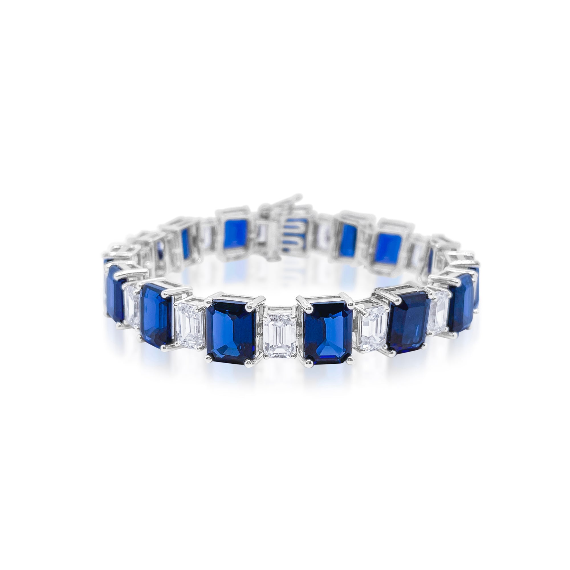 14kt White Gold Emerald Cut Lab Grown Blue Sapphire Diamond Bracelet