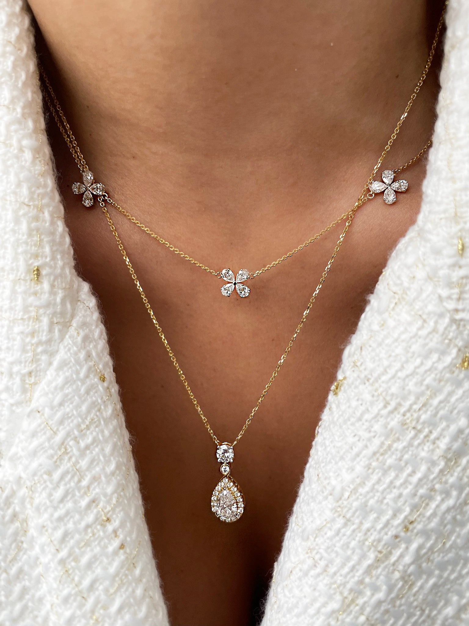 14 Kt Yellow Gold Pear Cut Drop Diamond Halo Necklace With Round Cut Diamond and Diamond Bezel