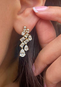 14 Kt Yellow Gold Emerald Pear And Oval Cut 3.94 Ct Diamond Statement Earrings