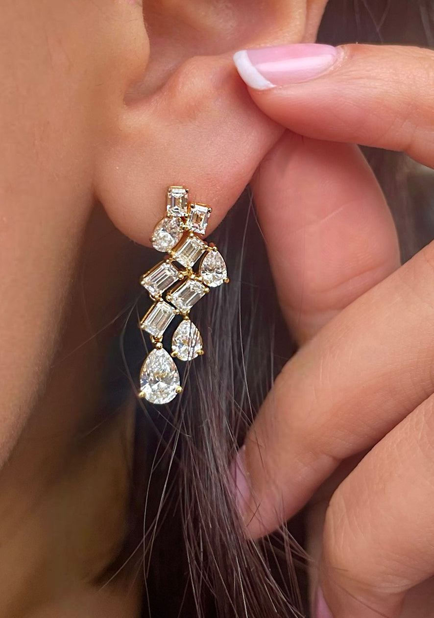 14 Kt Yellow Gold Emerald Pear And Oval Cut 3.94 Ct Diamond Statement Earrings