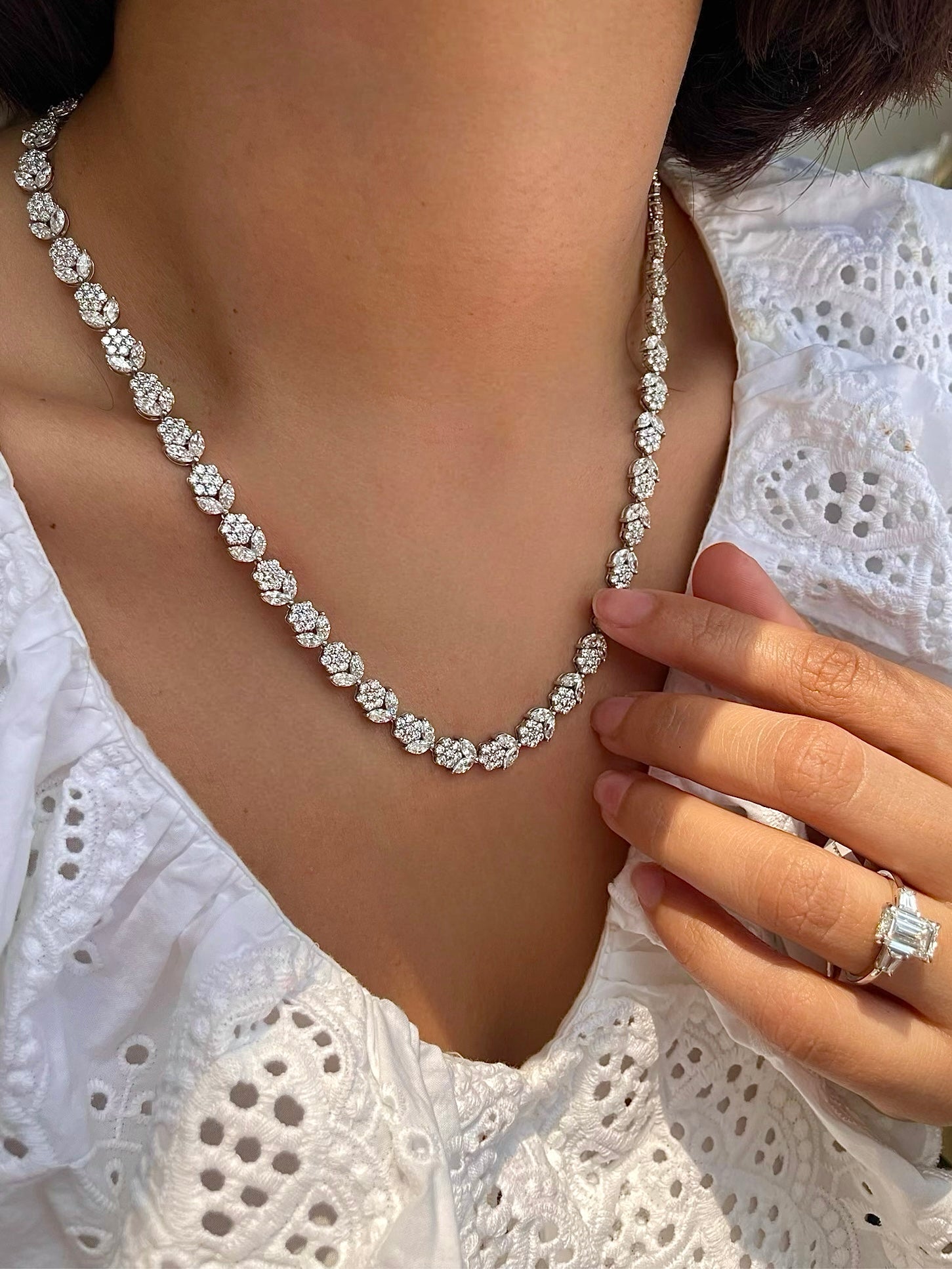 14kt White Gold 19.84 Carat Lab Grown Flower Diamond Necklace Tennis Necklace