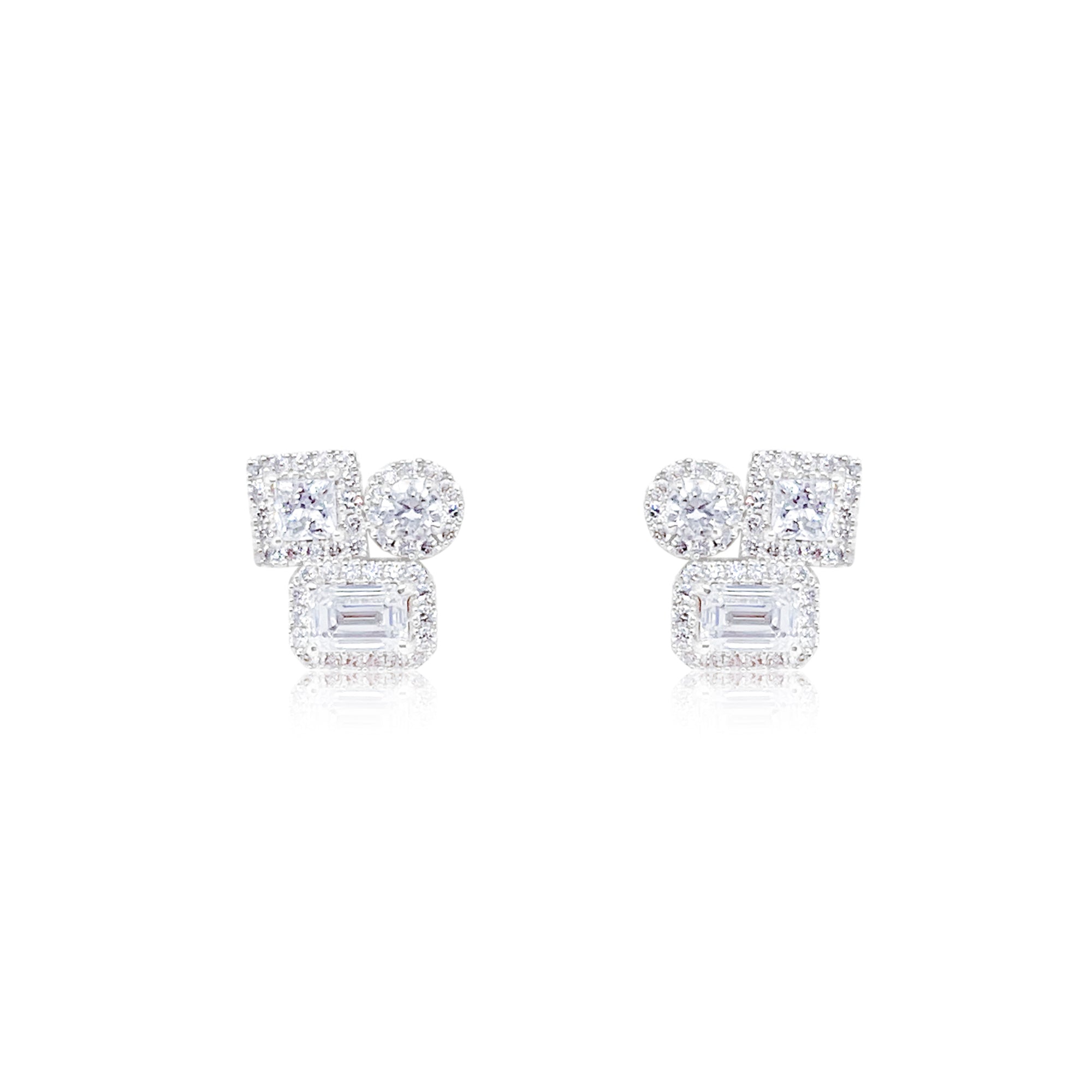 Three Stone Lab Grown Diamond Studs with a Halo of Diamonds Round Princess and Emerald Cut 1.89 ct