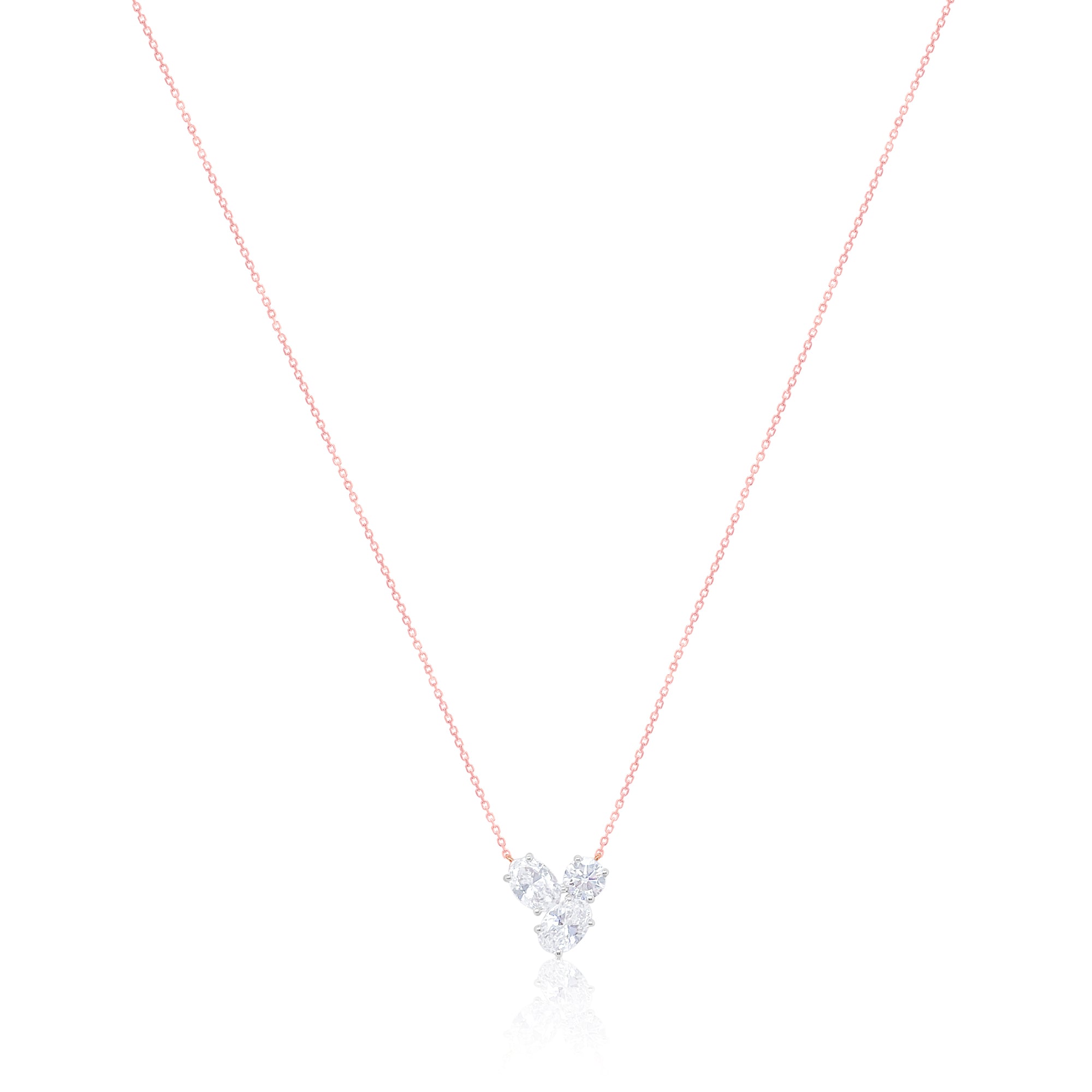 14 Kt Rose Gold Three Stone Round and Oval Lab Grown Diamond Necklace