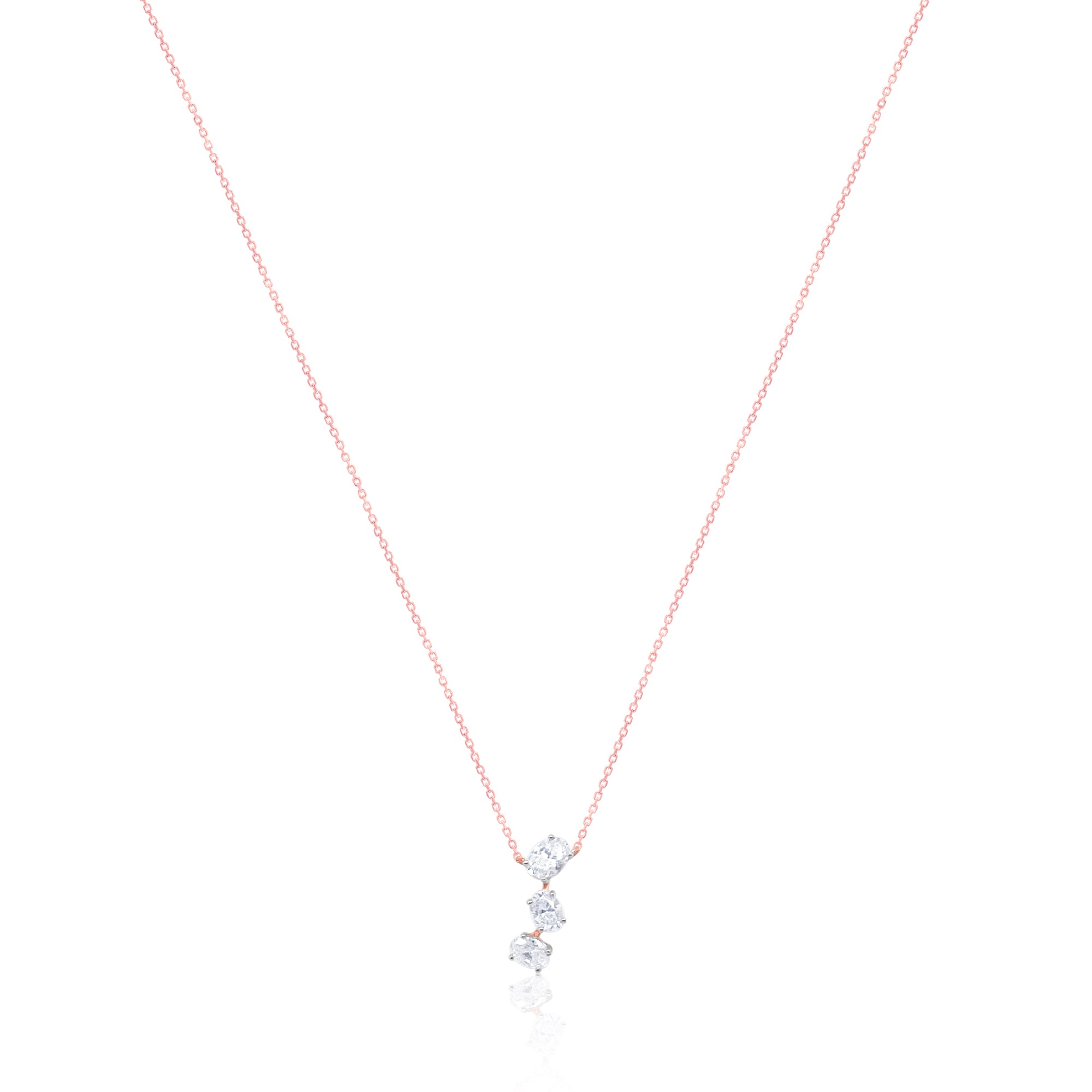 Three Stone Oval Cut Lab Grown Diamond Necklace .64 Cts 14kt Rose Gold