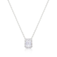 14 Kt White Gold Emerald Cut Diamond Halo Necklace 1.18 Cts