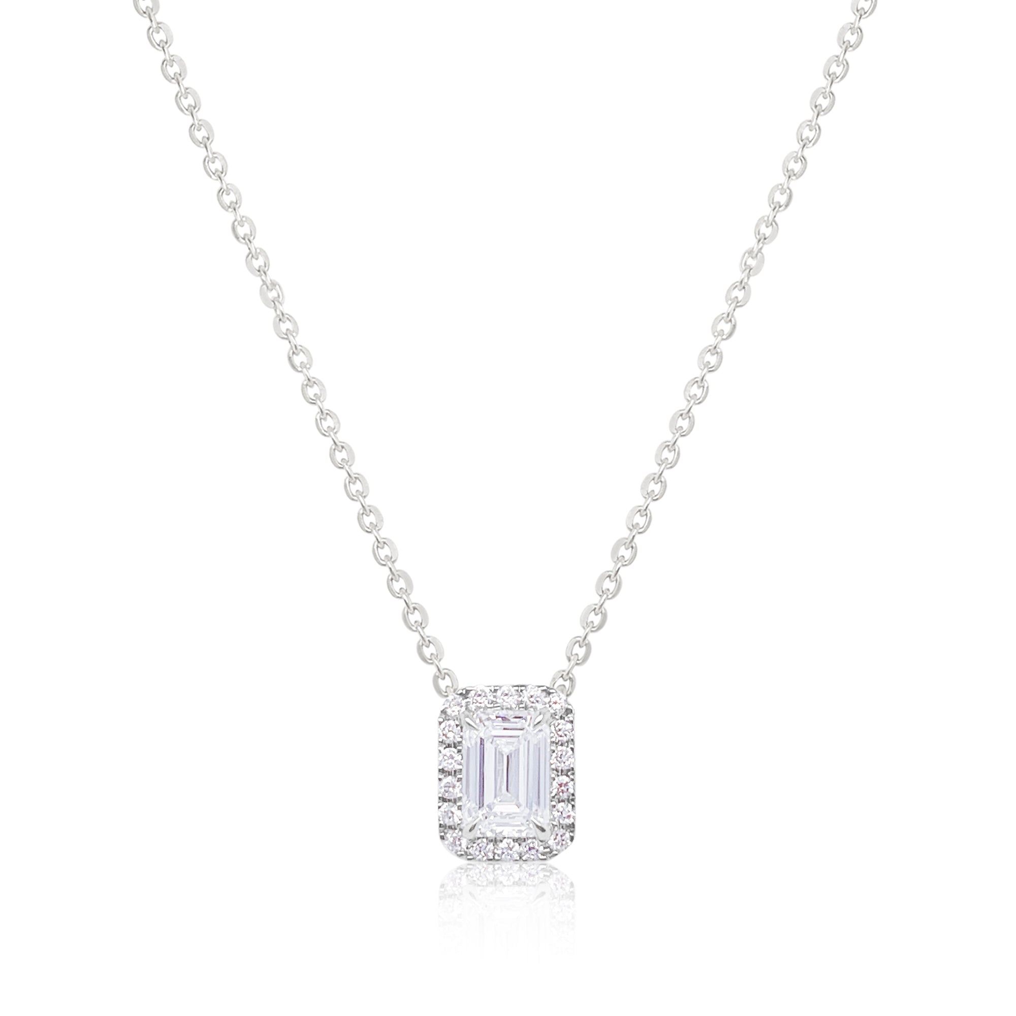 14 Kt White Gold Emerald Cut Diamond Halo Necklace 1.18 Cts