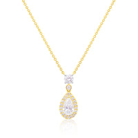 14 Kt Yellow Gold Pear Cut Drop Diamond Halo Necklace With Round Cut Diamond and Diamond Bezel