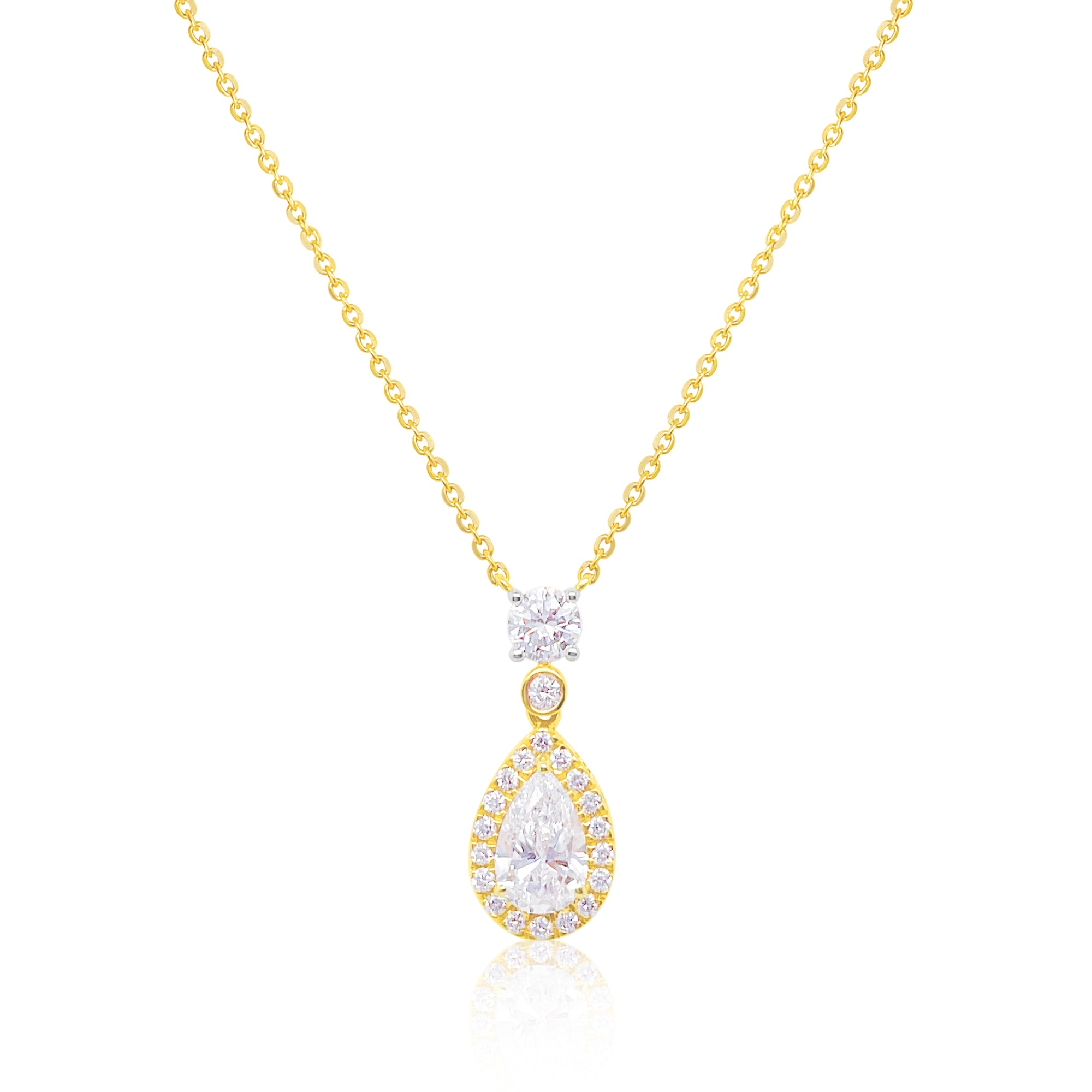14 Kt Yellow Gold Pear Cut Drop Diamond Halo Necklace With Round Cut Diamond and Diamond Bezel