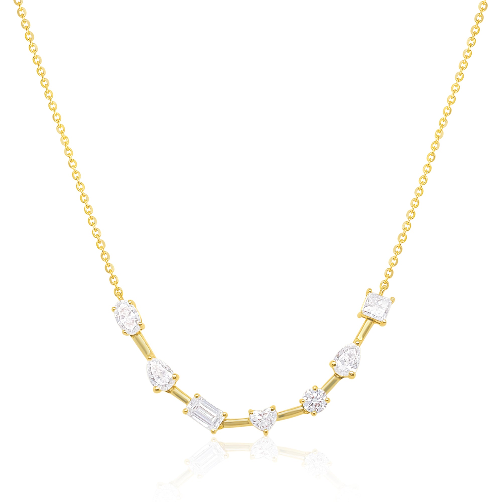 14 Kt Yellow Gold Princess Oval Round Emerald Pear And Heart 1.46 Ct Diamond Necklace