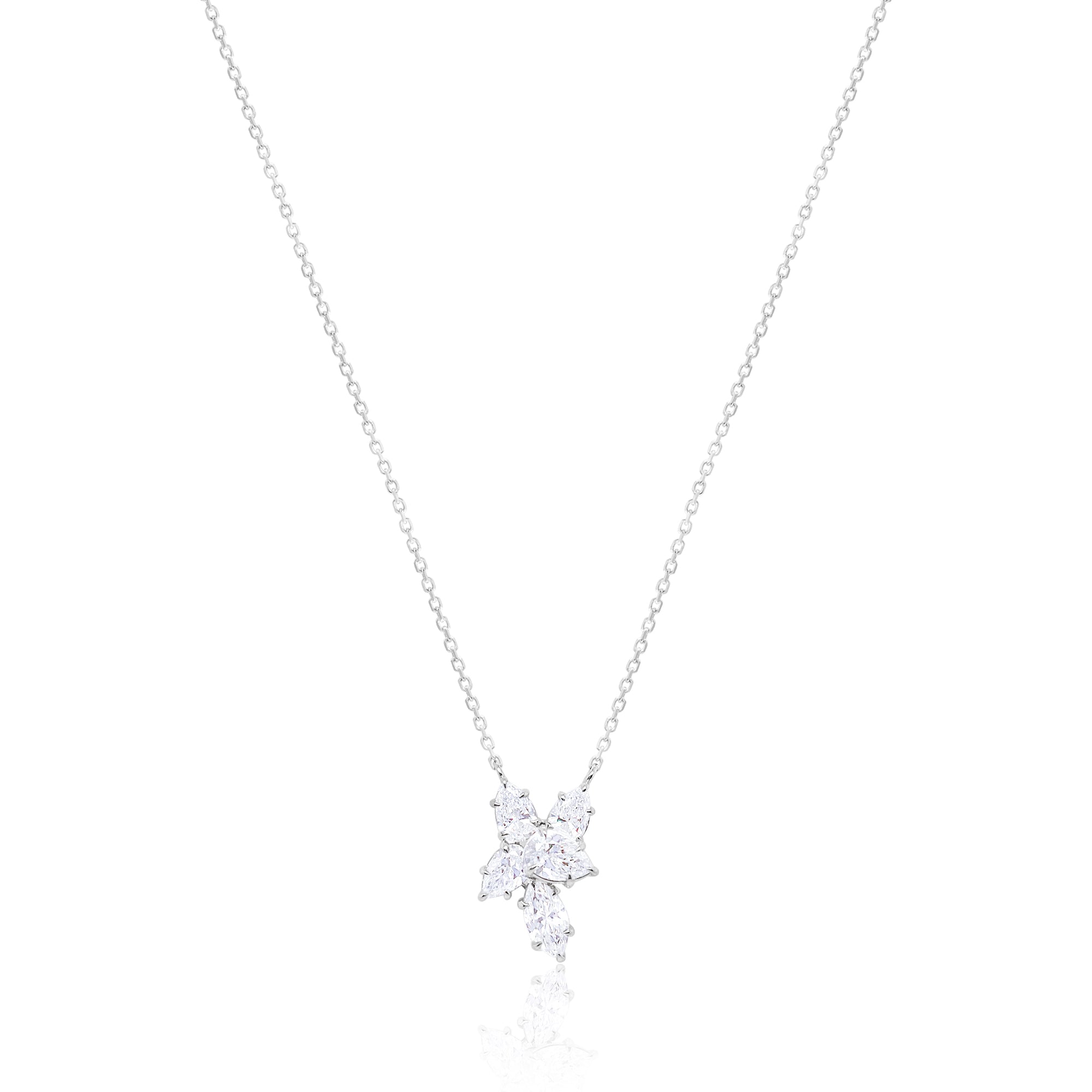14kt White Gold 3.22 Carat Marquise and Pear Cut Cluster Diamond Necklace Floral Design