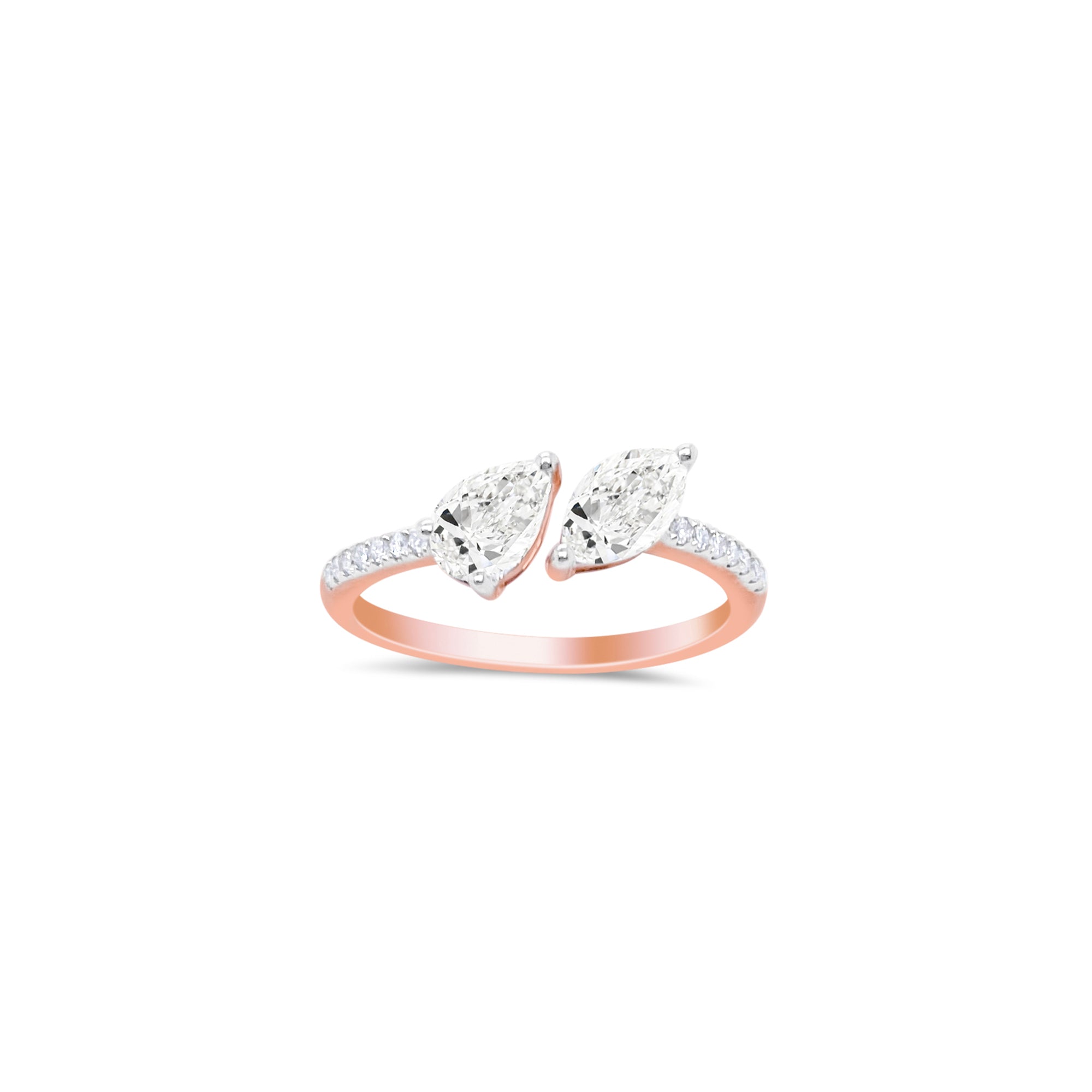 14 Carat Rose Gold Marquise and Pear Prong Set .89 Ct Lab Grown Diamond Ring