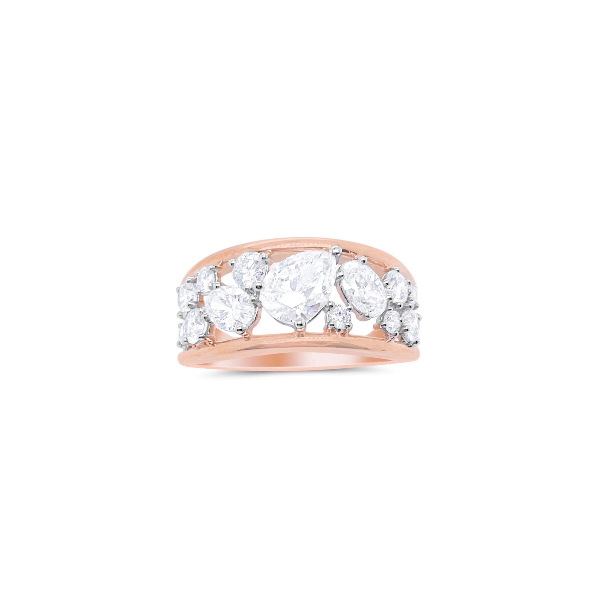 14 kt Rose Gold 1.85 Ct Pear Oval and Round Lab Grown Diamond Ring