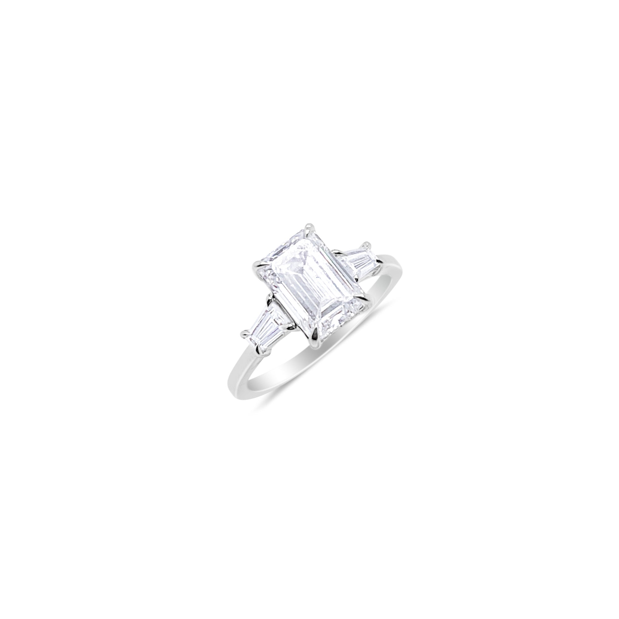 14kt White Gold 2.5 Carat Emerald Cut Engagement Ring With Baguette Side Stones