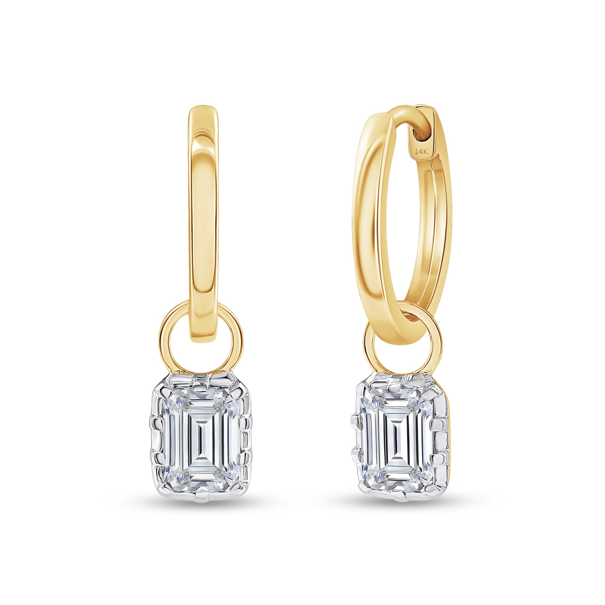 14kt Yellow Gold Huggies with Ascher Cut Lab Grown Diamond Charms 1 ct