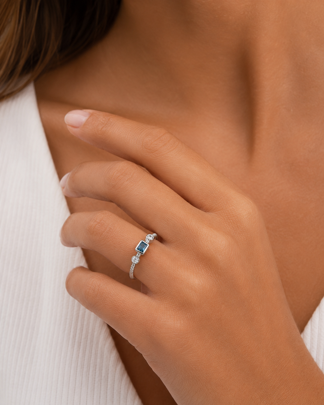 White Gold Fancy Blue and White Diamond Layering Ring