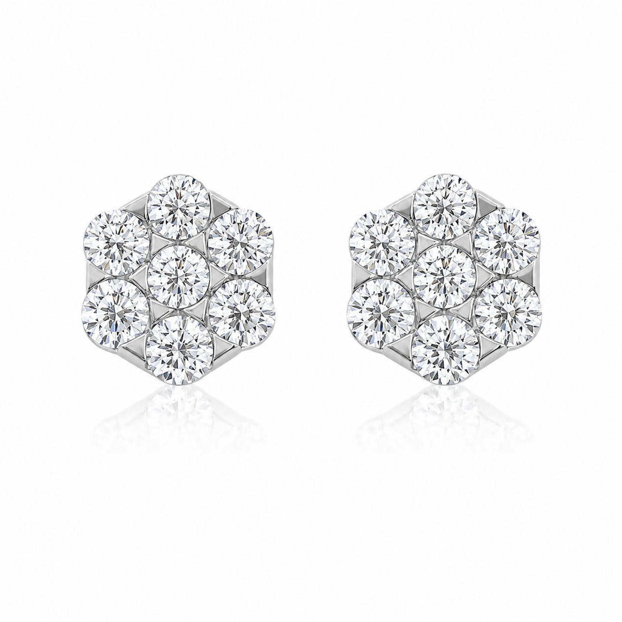 14 Kt White Gold Round Cut 2.67 Ct Diamond Flower Studs