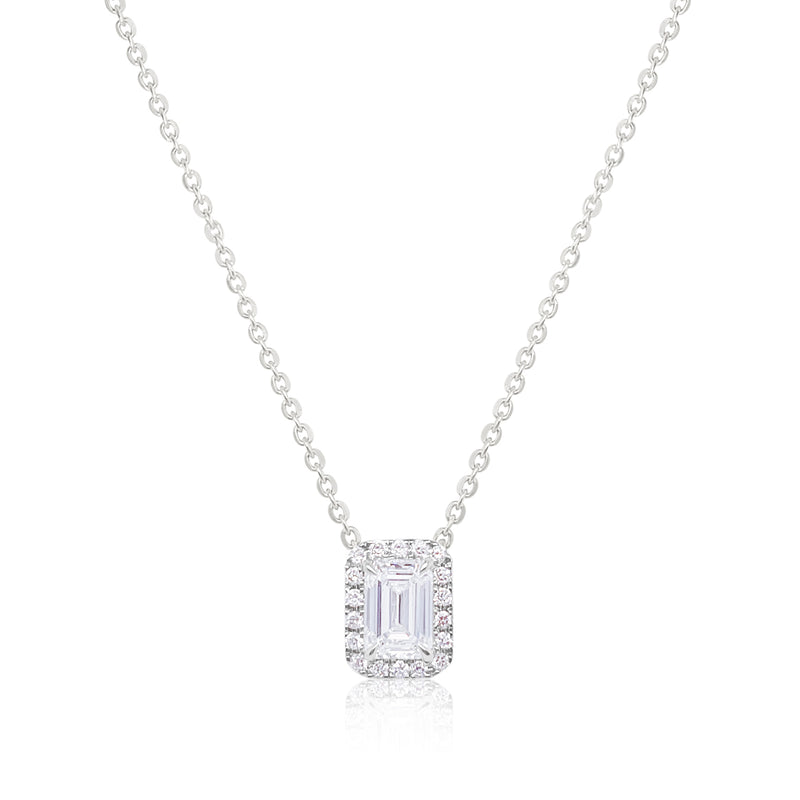 14 Kt White Gold Emerald Cut Diamond Halo Necklace 1.18 Cts