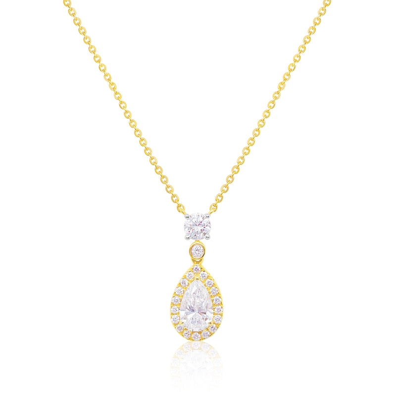 14 Kt Yellow Gold Pear Cut Drop Diamond Halo Necklace With Round Cut Diamond and Diamond Bezel