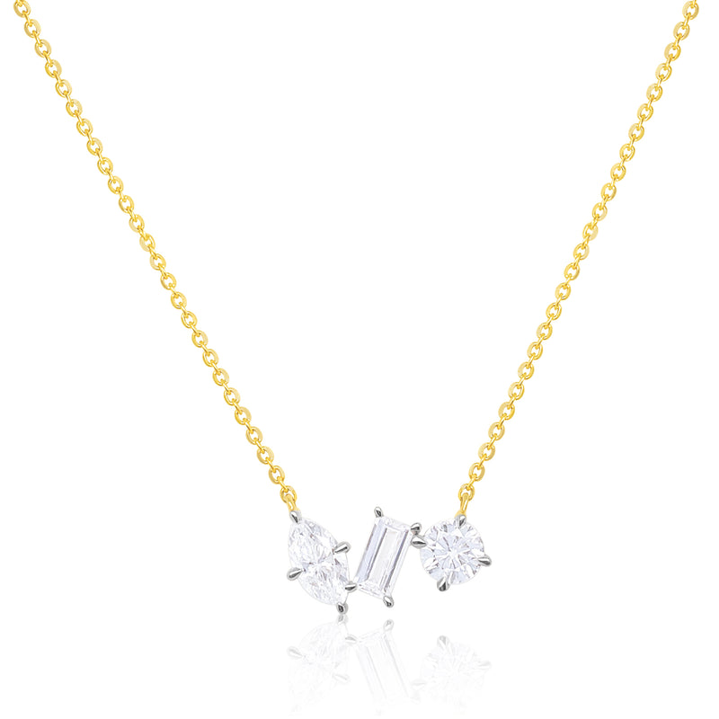 14 Kt Yellow Gold Emerald Marquise And Round 1.44 Ct Diamond Necklace