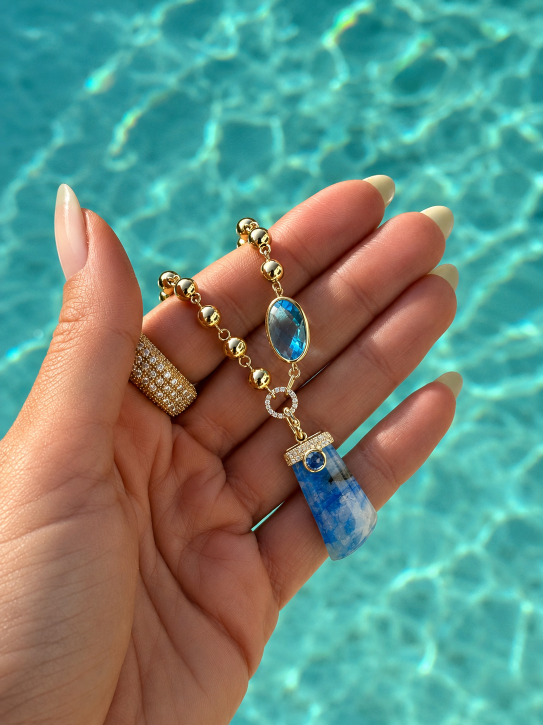 14kt Yellow Gold Beaded Chain Blue Topaz Enhancer
