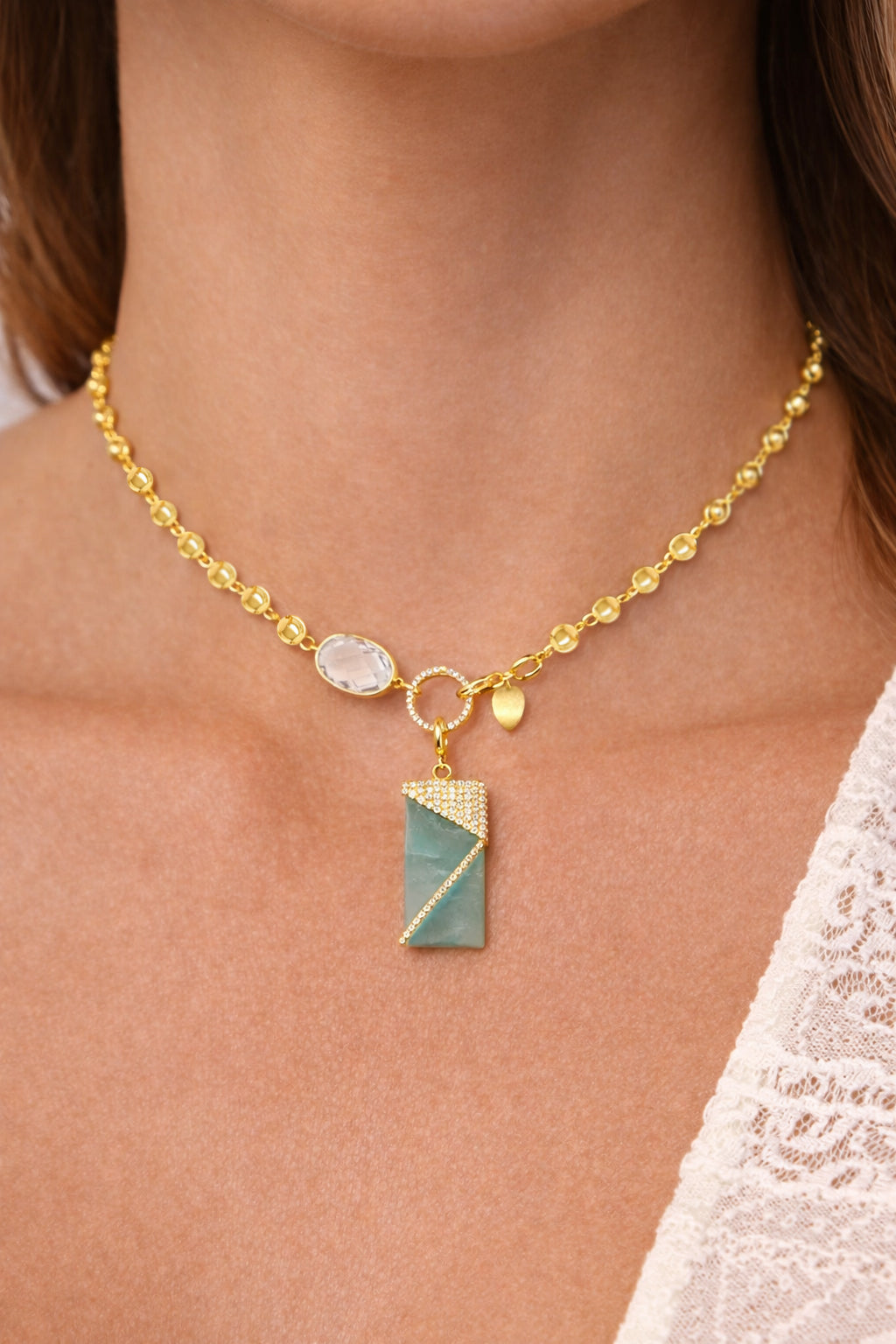 14kt Yellow Gold White Topaz and Aquamarine Ball Chain Charm Necklace